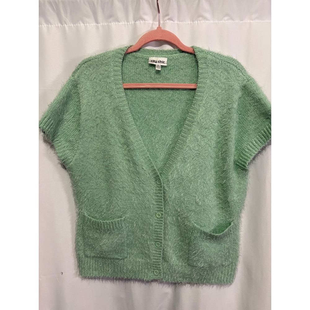City Chic Mint Green Eyelash Knit Cardigan Vest Short Sleeve XL Pocketed V-Neck
